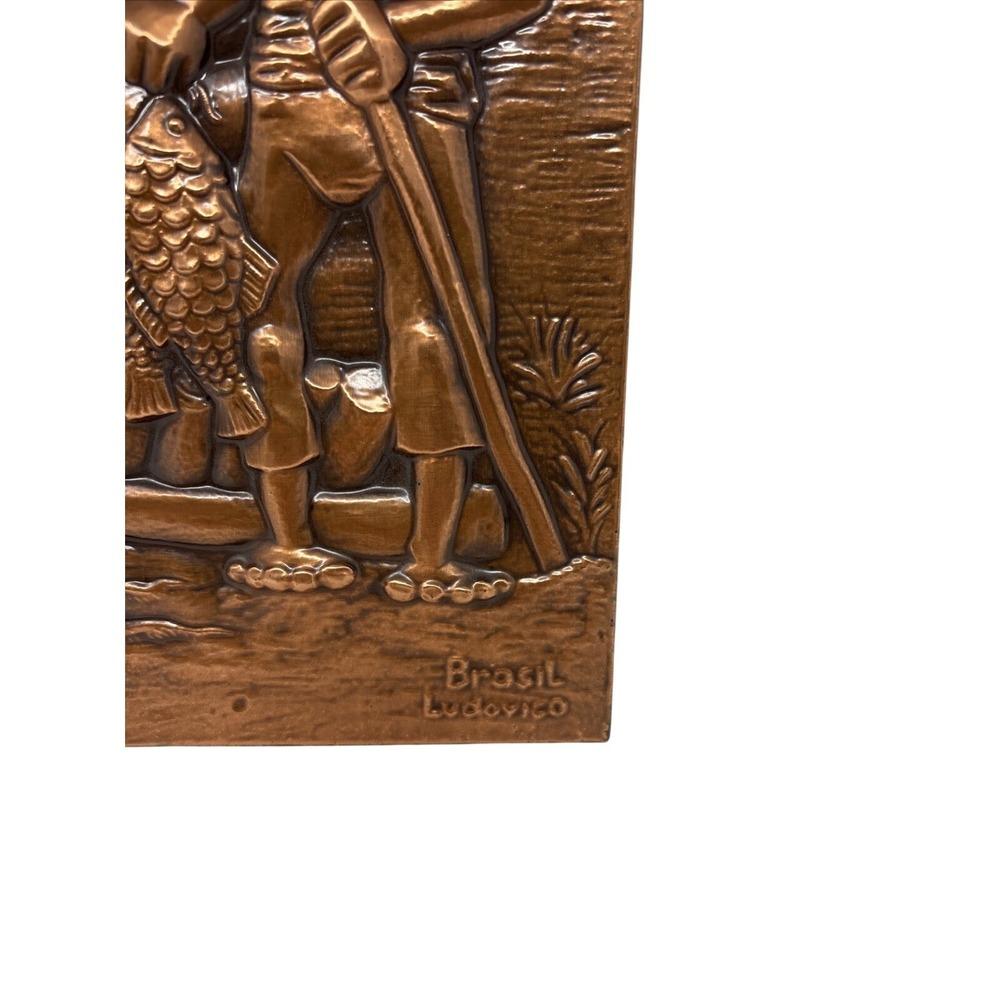 Vintage CobrArte Copper Wall Art Brazilian Fisherman Relief MCM Decor 12" - Picture 2 of 4